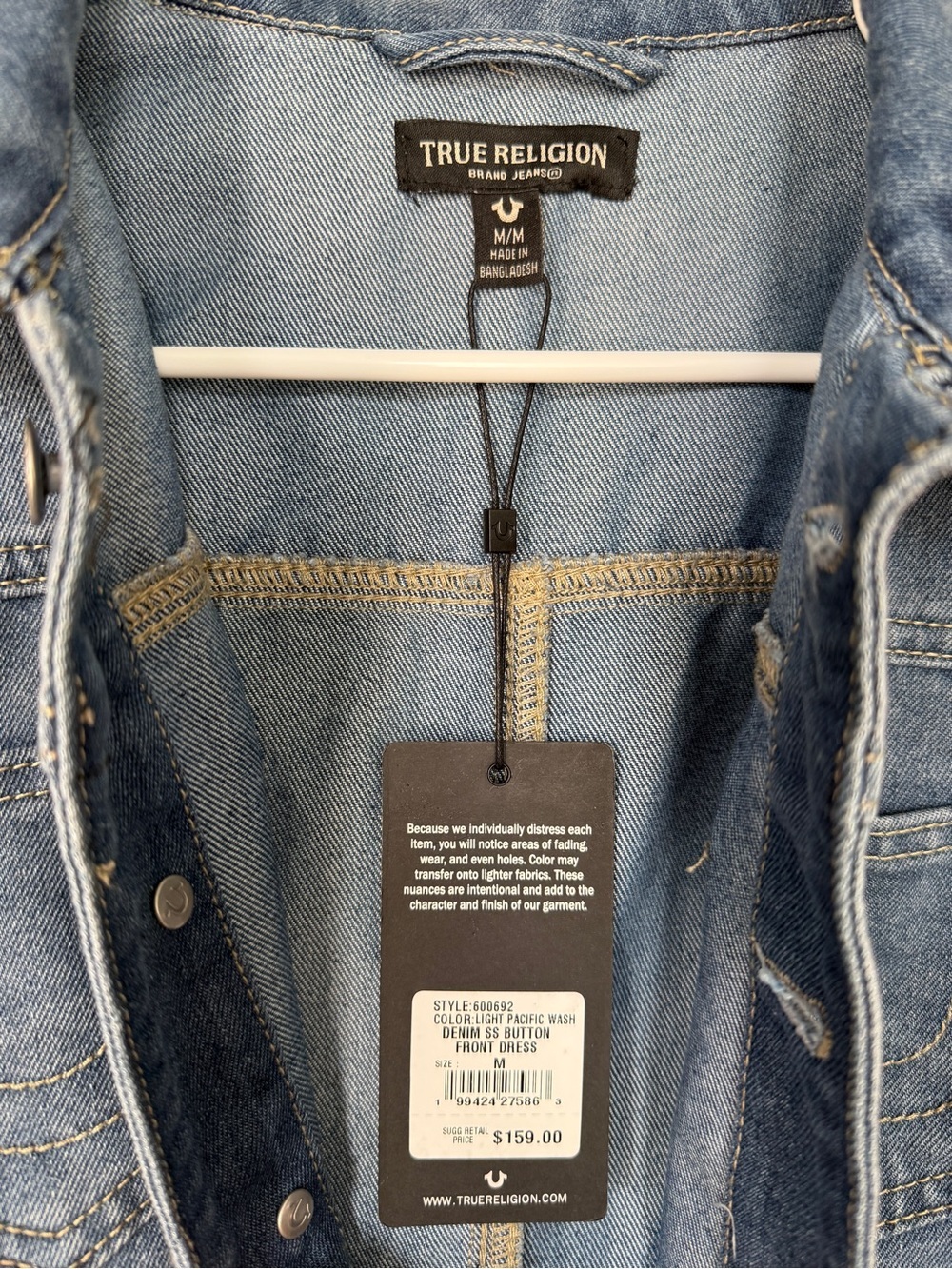 NWT True Religion Medium Denim Short-Sleeve Button-Front Mini Dress - Picture 2 of 8